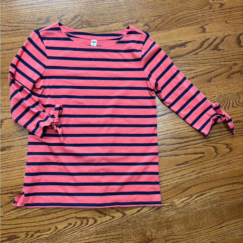 Old Navy Coral Orange and Navy Striped Tie-Cuff Long Sleeve Top - Picture 9 of 10